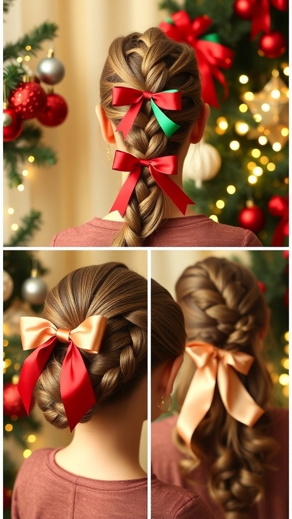 Festive Christmas Hairstyles with Ribbon Festive hairstyles with ribbons for Christmas, including a braided ponytail, twisted updo, and half-up twist.